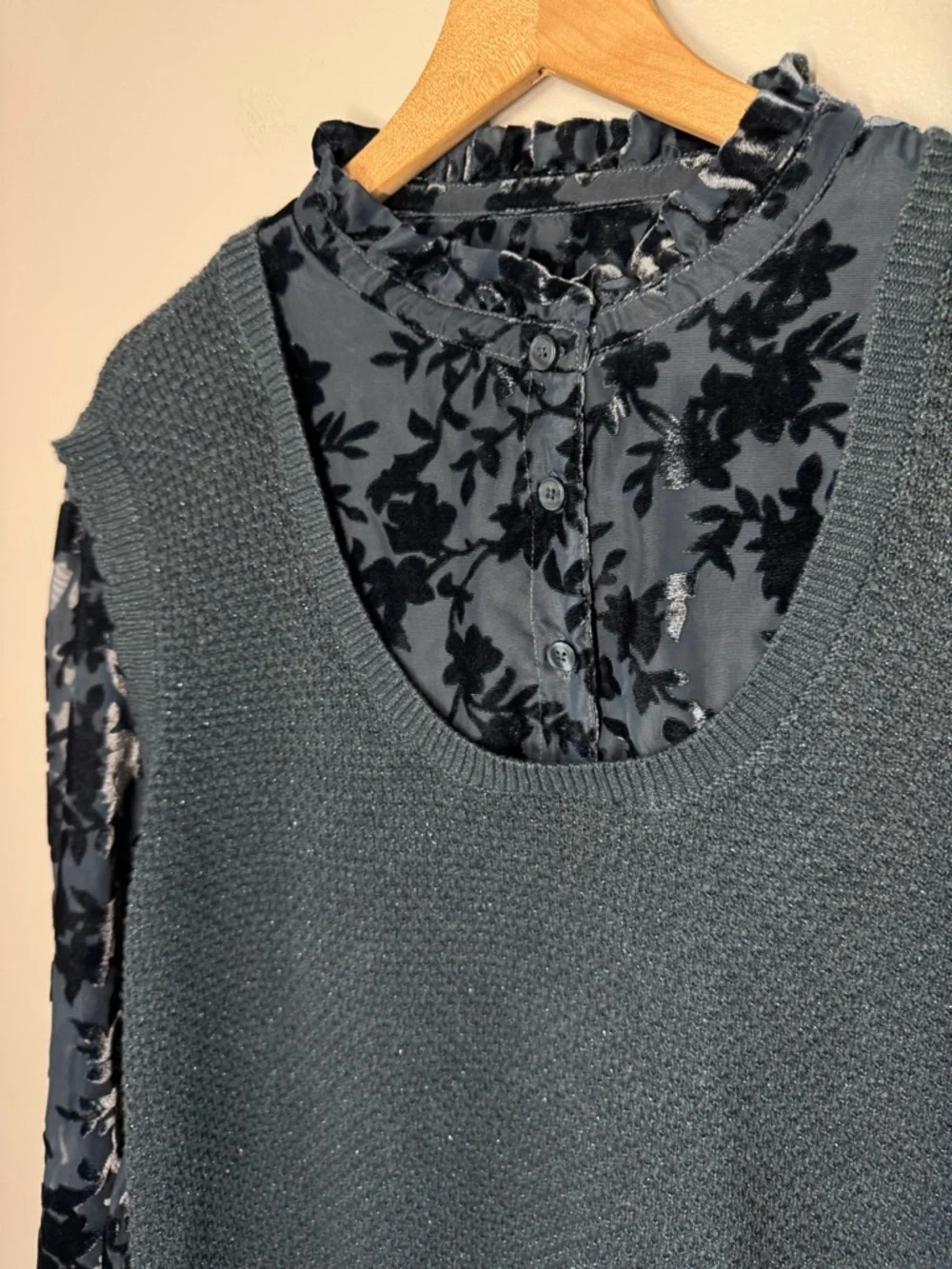 FATFACE Dark Teal Hadley 2 in 1 Devore Jumper Sweater Velvet Burnout Sz 18